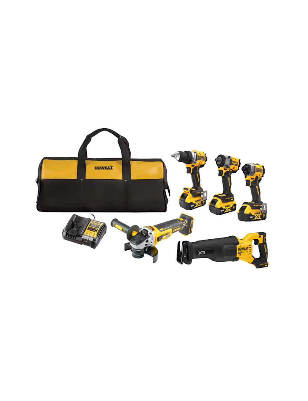 DEWALT ZESTAW WKRĘTARKADCD800, ZAKRĘTARKA + KLUCZ UDAROWY + PIŁA SZABLAST + SZLIFIERKA KĄTOWA 3x5,0Ah