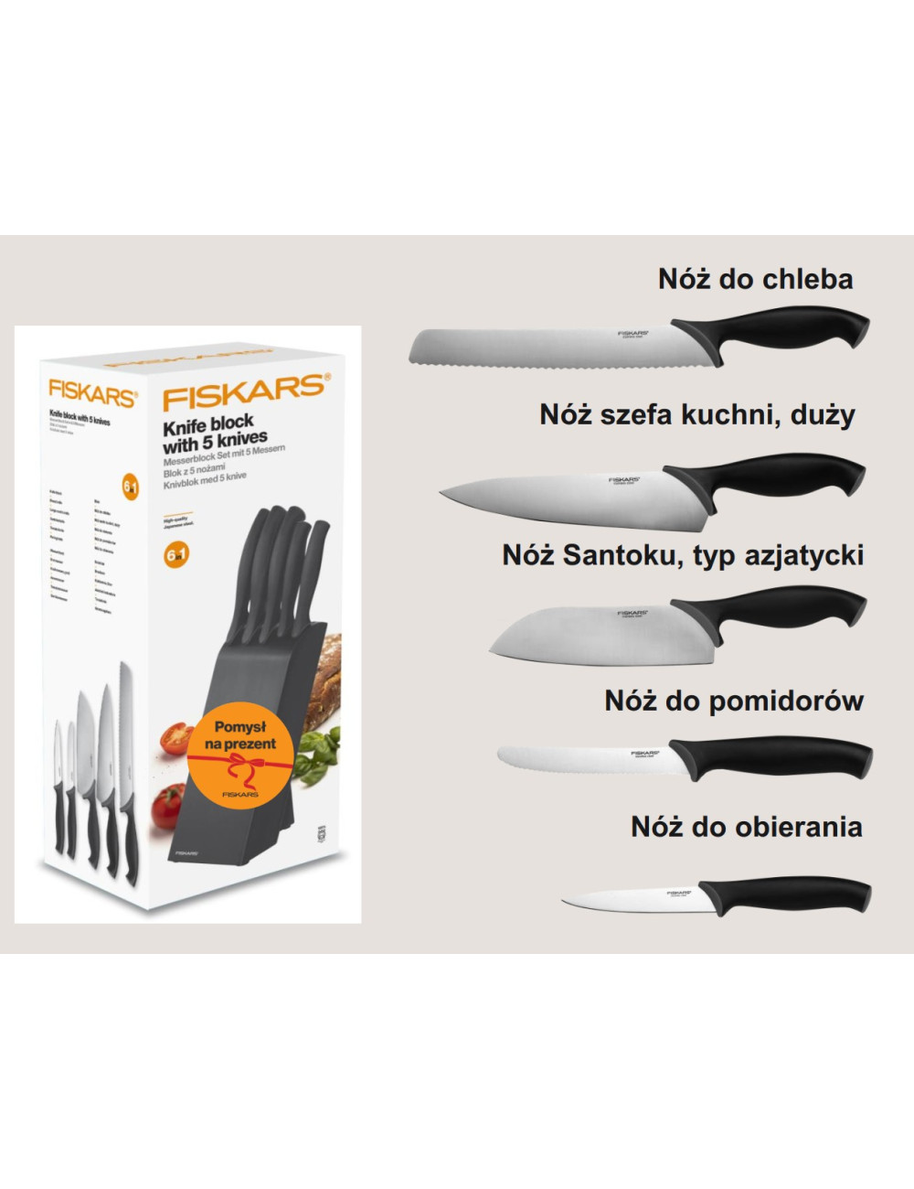 FISKARS ZESTAW 5 NOŻY W BLOKU CZARNYM