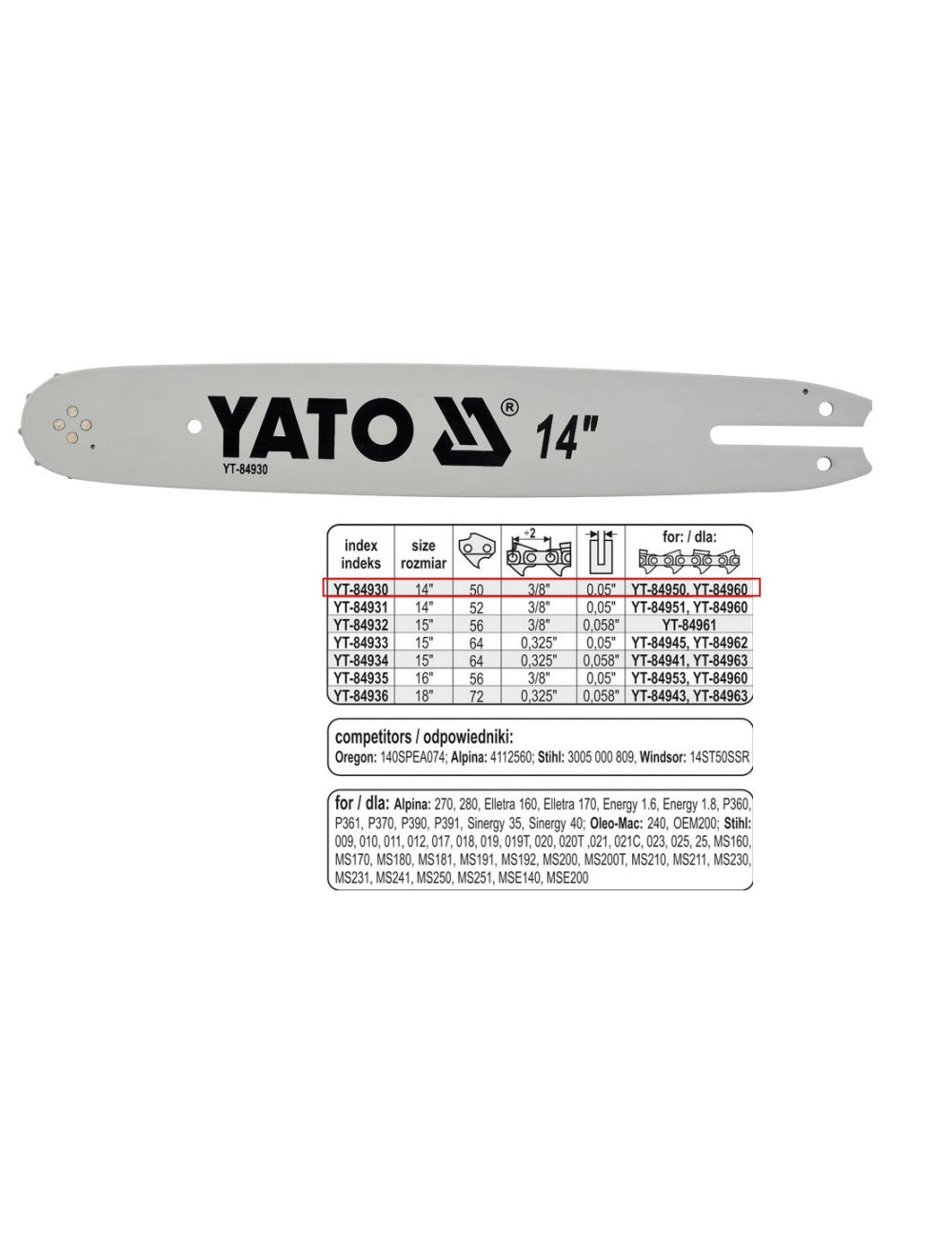 YATO PROWADNICA ŁAŃCUCHA 35cm (14") 3 8G