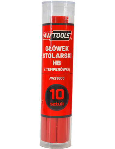 AWTOOLS OŁÓWEK STOLARSKI HB CZERWONY 10szt. TUBA