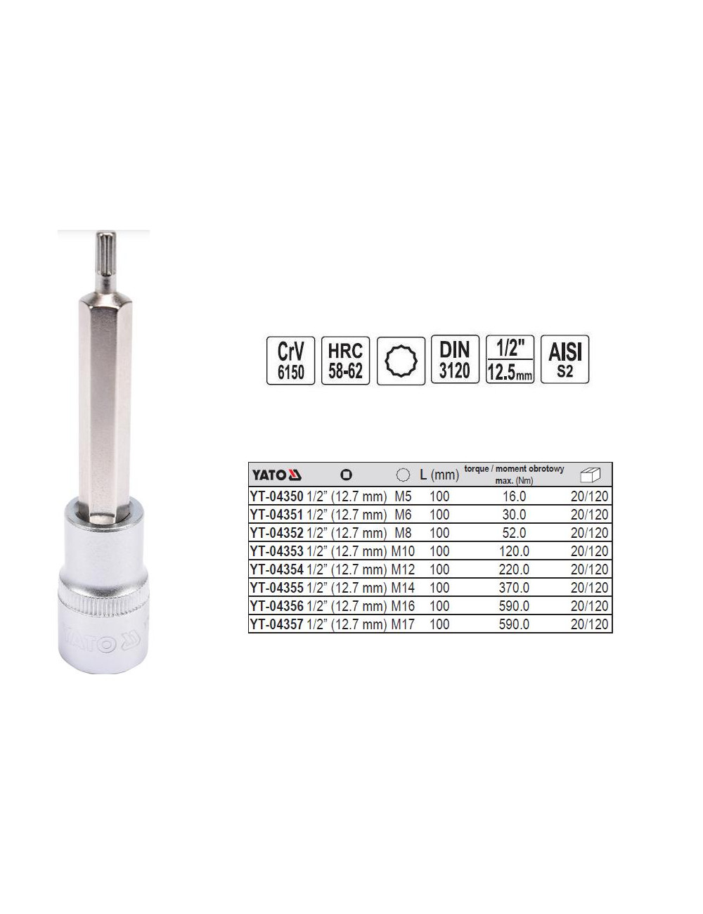 YATO KLUCZ TRZP.SPLINE 1 2 M16x100mm 04356