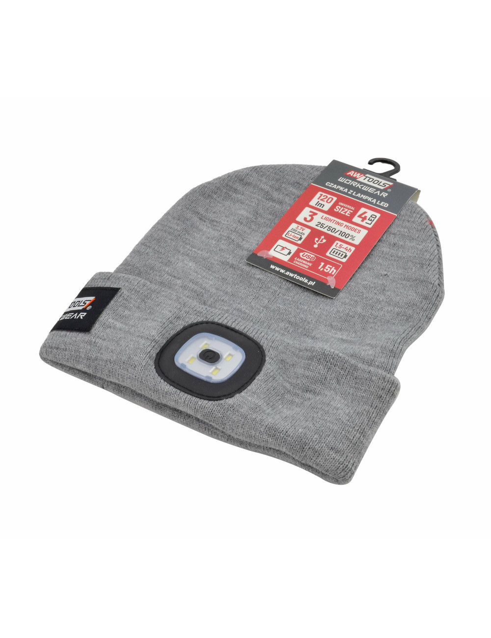 AWTOOLS CZAPKA Z LAMPKĄ LED 80lm SZARA