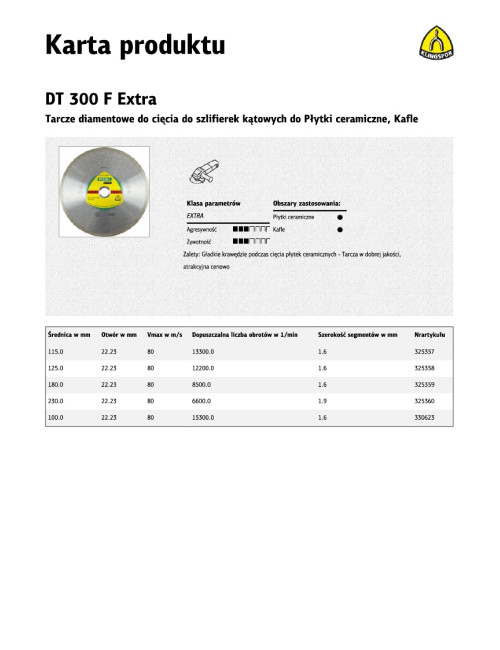 KLINGSPOR TARCZA DIAM.PEŁ.125mm x 22,2mm DT300F PŁYTKI, KAFLE CERAMICZNE.