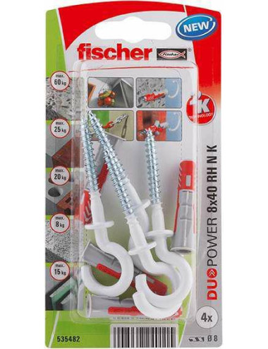 FISCHER KOŁEK DUOPOWER 8x40 Z HAKIEM OKRĄGŁYM 4szt. BIAŁE