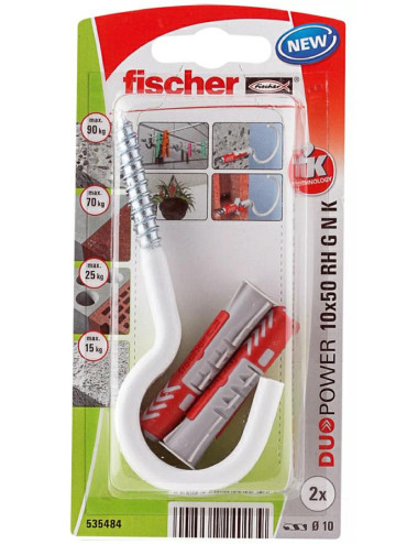 FISCHER KOŁEK DUOPOWER 10x50 Z HAKIEM OKRĄGŁYM 2szt. BIAŁE