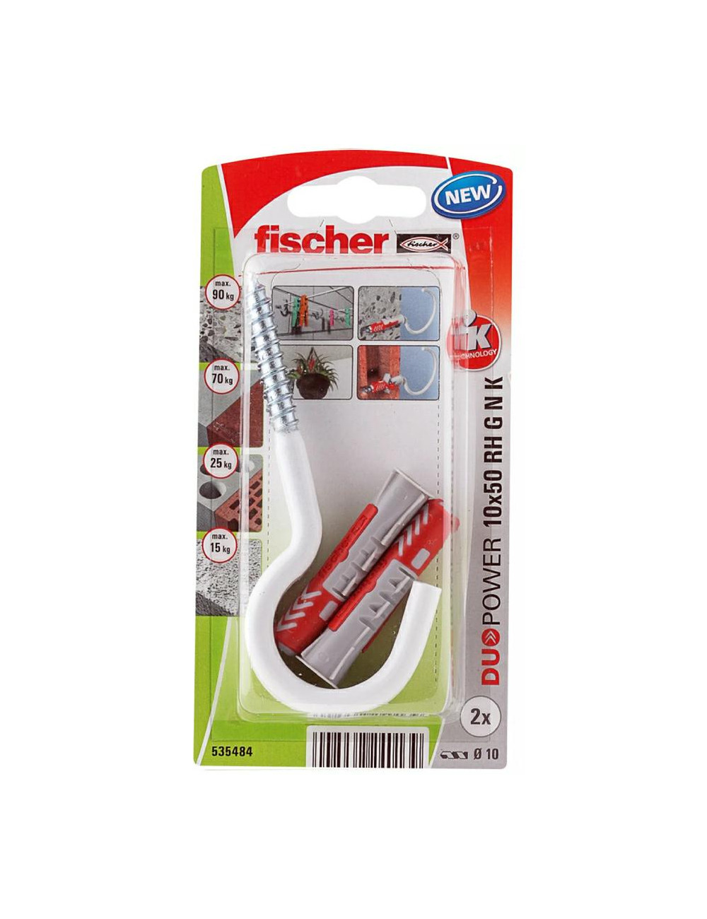 FISCHER KOŁEK DUOPOWER 10x50 Z HAKIEM OKRĄGŁYM 2szt. BIAŁE