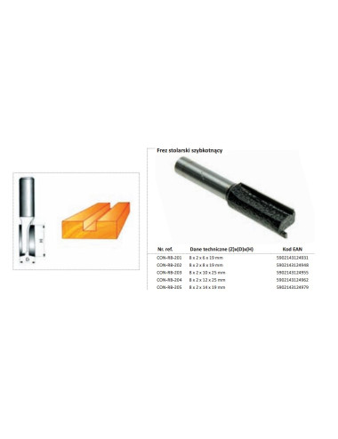 CONDOR FREZ DO DREWNA 8x2x12x25mm 204 PROSTY, BEZ ŁOŻYSKA.