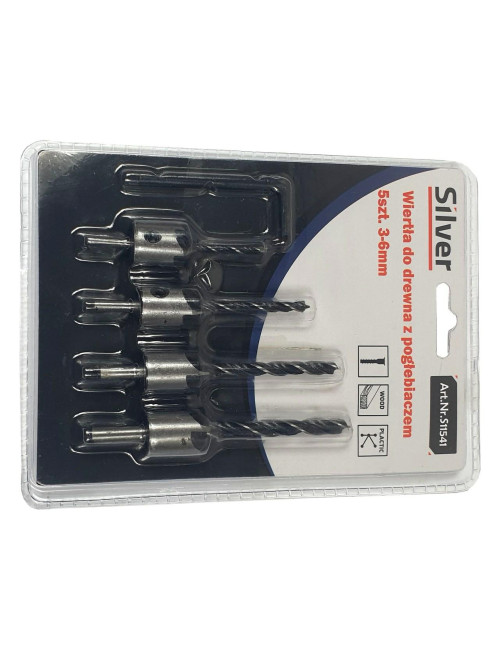 WIERTŁA DO DREWNA Z POGŁĘBIACZEM 3-6mm 5szt. SILVER