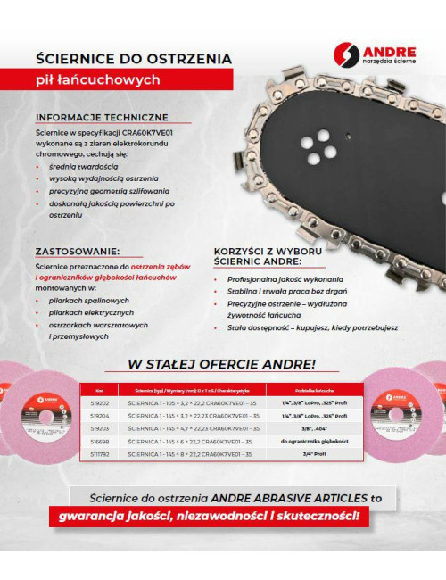 ANDRE ŚCIERNICA DO OSTRZENIA ŁAŃCUCHÓW 145 x 3,2 x 22,2mm CRA60K7VE01 - 35