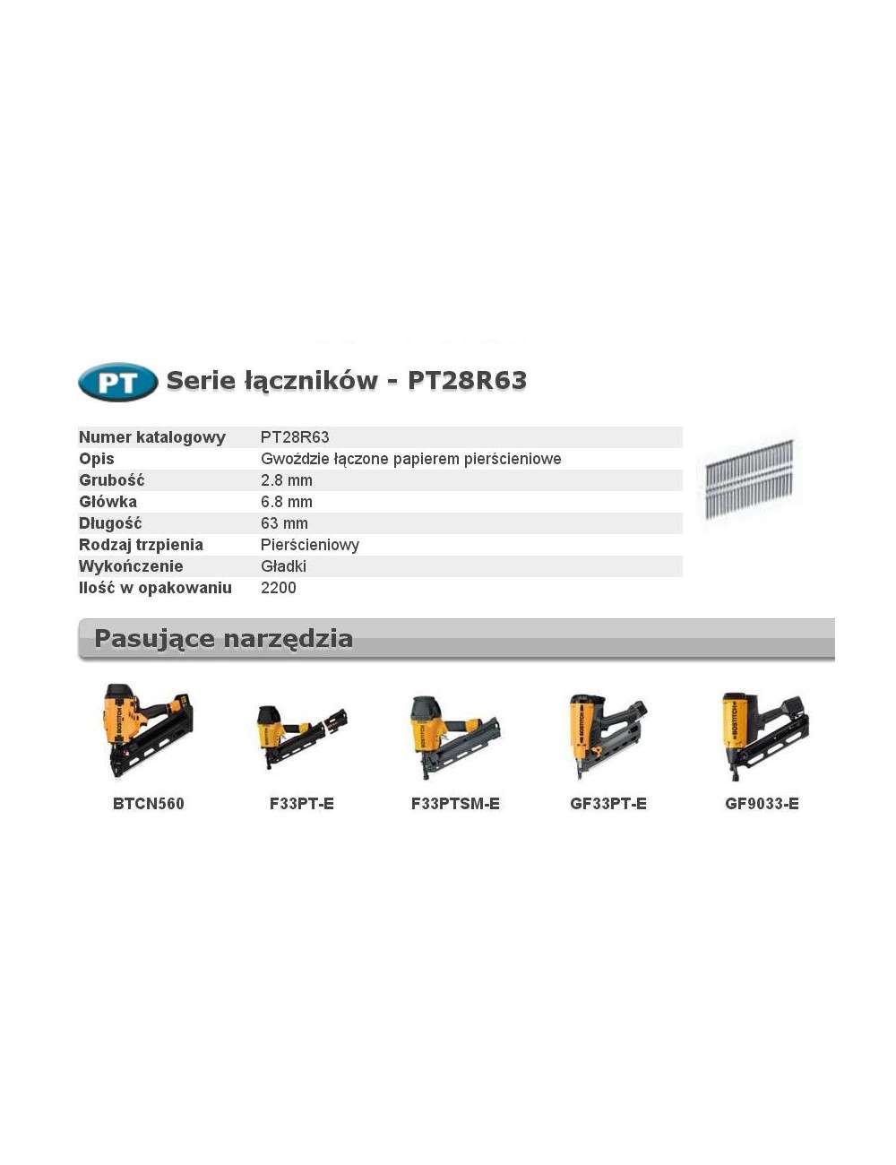 BOSTITCH GWOŹDZIE PT 33` 2,8 x 63mm RING 2200 szt.