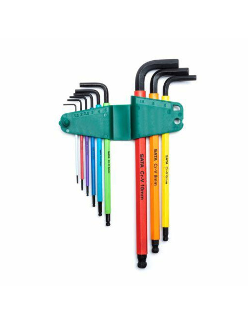 SATA ZESTAW 9 KLUCZY TRZPIENIOWYCH KOLOROWYCH 6-KĄTNYCH EKSTRA DŁUGICH METRYCZNYCH Z KULKĄ