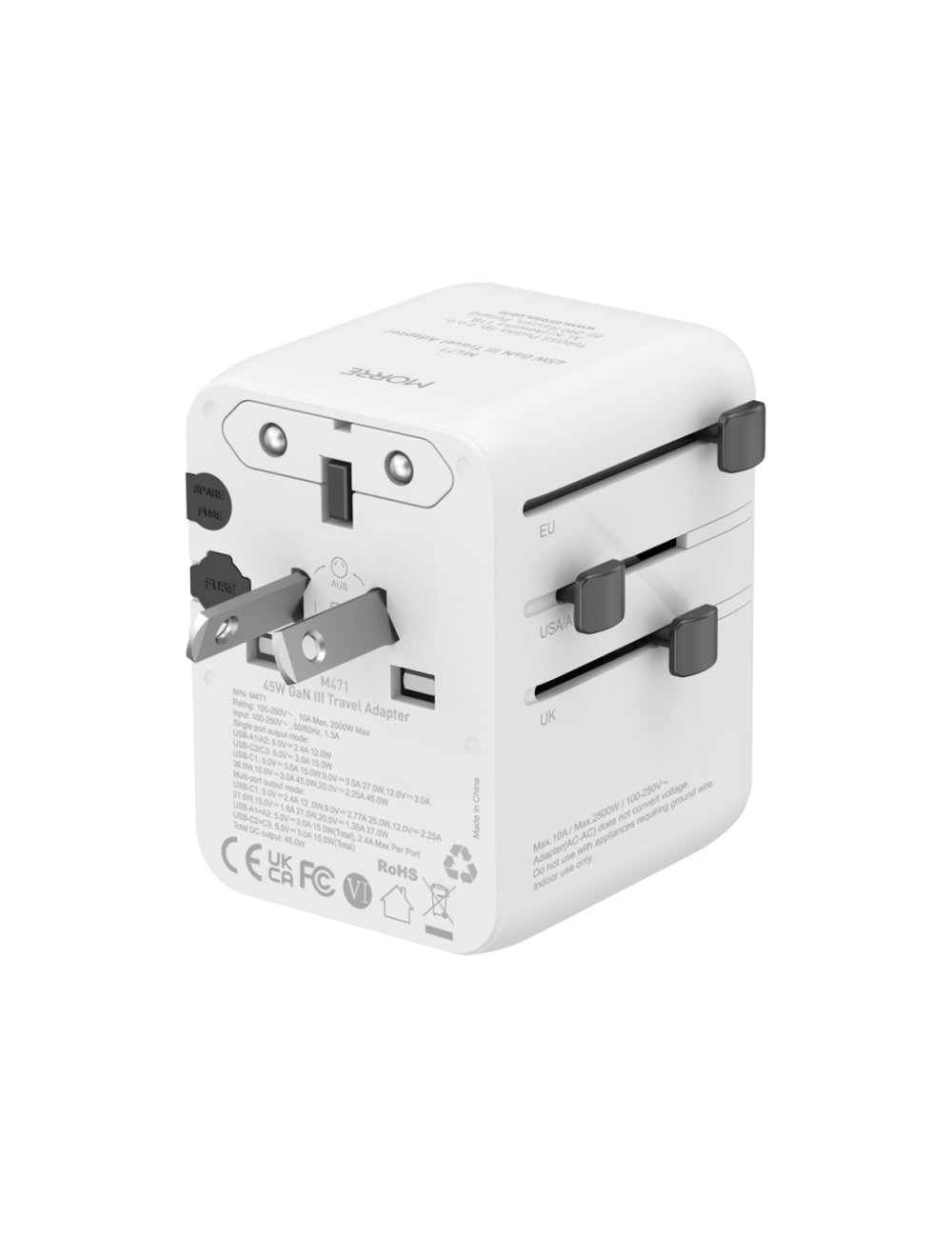 MORRE ADAPTER PODRÓŻNY GaN III 45W, 3×USB-C + 2×USB-A, PD + QC