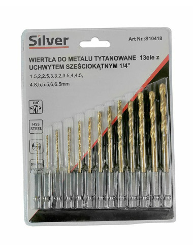 SILVER WIERTŁO METAL BIAŁE KPL.13szt.   UCHWYT HEX 1/4"