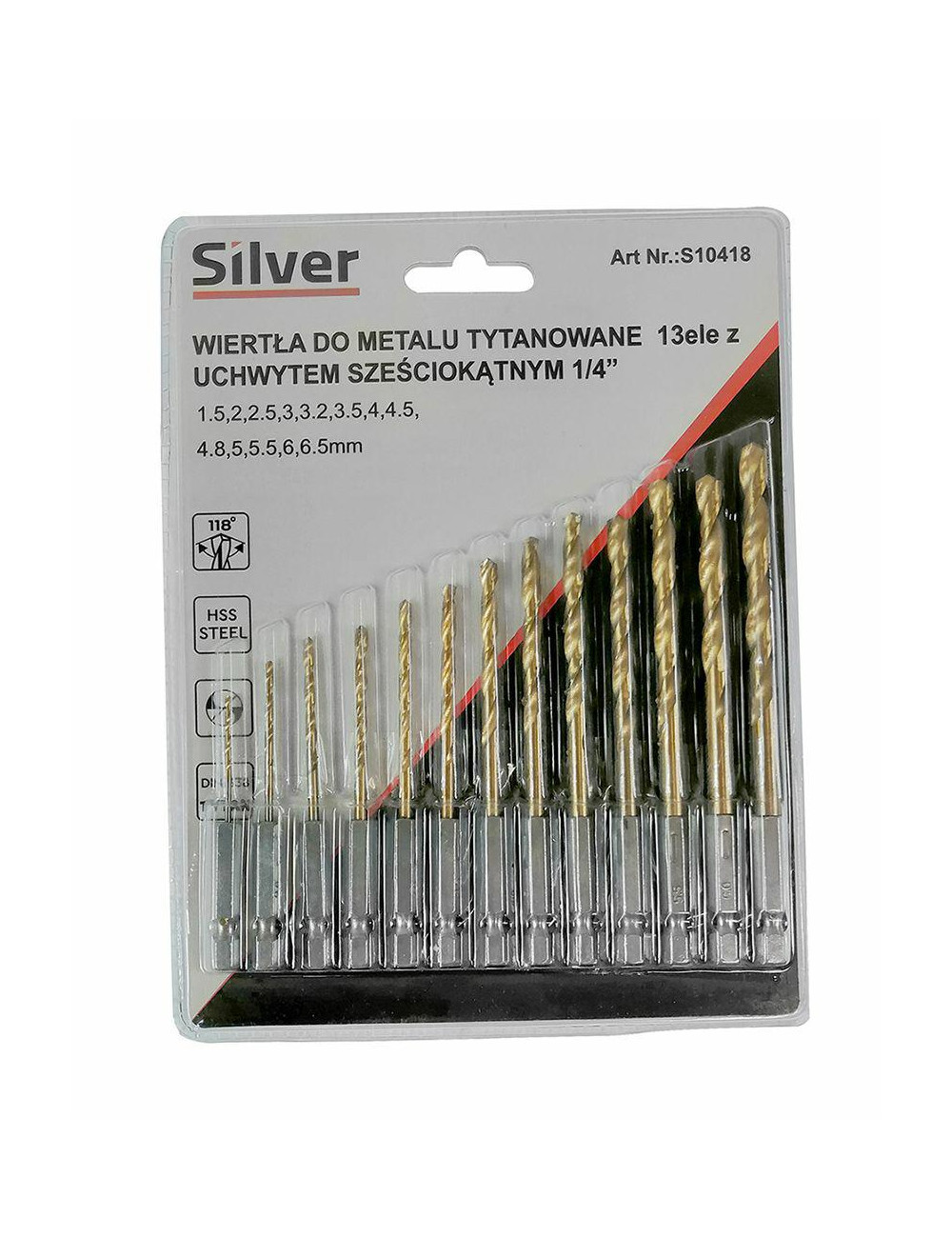 SILVER WIERTŁO METAL BIAŁE KPL.13szt.   UCHWYT HEX 1/4"