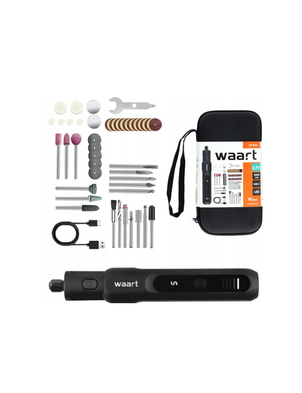 WAART MINI SZLIFIERKA AKUMULATOROWA 3.7V, ETUI, AKCESORIA 70 szt.