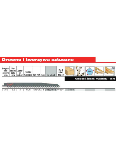 MILWAUKEE BRZESZCZOT DO PIŁY SZABLASTEJ 240 8,5mm HCS 3szt. DREWNO