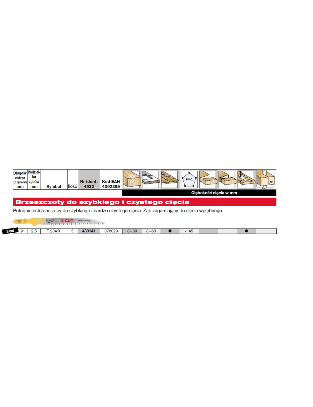 MILWAUKEE BRZESZCZOT DO WYRZYNARKI T234X 91mm KOMPLET - 5szt. DO DREWNA, DO CIĘCIA WGŁĘBNEGO